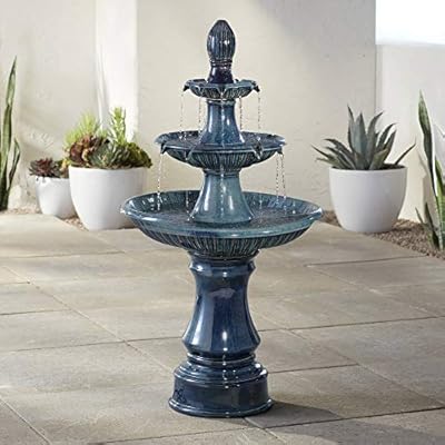 Modern Outdoor Cascading Floor Water Fountain with LED Light 3-Tier Teal Blue Ceramic 46" for Yard Garden Patio Backyard Deck Home Lawn Porch House Exterior Balcony - John Timberland