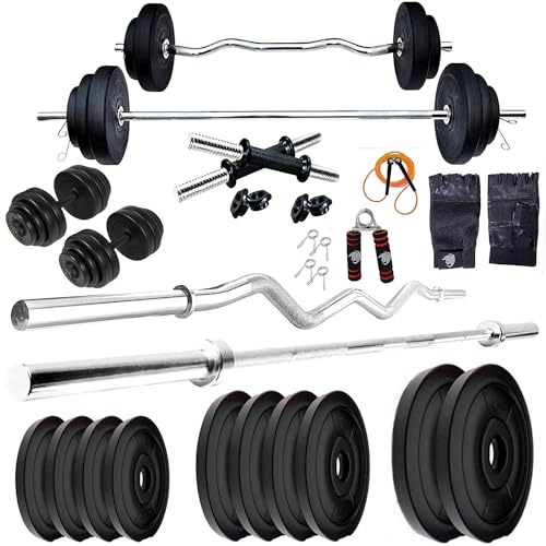 Image of BULLAR Home Gym Combo, 20kg to 40kg 3ft Curl Rod 5ft Straight Rod with Pair of Dumbbell Rods, Skipping rope, hand grip and gloves (30KG)