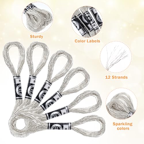 Image of 6 Skeins Silver Embroidery Thread, Metallic Embroidery Floss Silver Threads Friendship Bracelet String Cross Stitch Threads Polyester Sewing Bracelets Strings for DIY Hand Bracelets Making