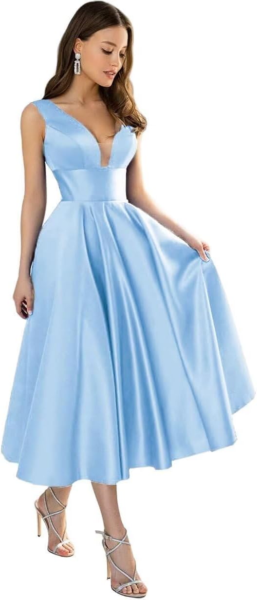 YUAOHUANG Satin Tea Length Formal Dresses for Women Satin Corset Bridesmaid Prom Dress with Pockets V Neck Evening Gown