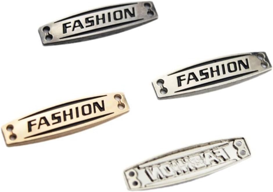 40 Pcs Mini Metal Tags 1.2 Inch Rectangle Printed FASHION Stamping Labels Tags Charms with Sewing Holes for Clothes Shoes Bags Decor DIY, Gold/Black/Silver/Bronze