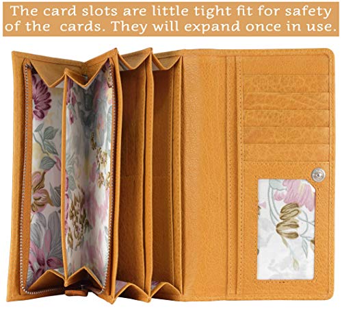 Image of Women's Top Grain Leather Wallet, RFID Blocking Bifold clutch, 17 Card Slots, Zip Pocket Organizer, Elegant Gift for Women - Birthday, Valentine, Anniversary - LIGHT YELLOW