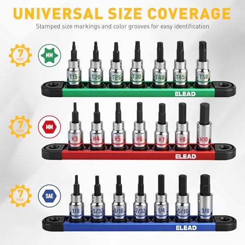 Image of 21-Piece Allen Bit Socket Set, 3 /8 inch Drive Hex & Torx Socket Set with Magnetic Sockets Organizer Rail, S2 Steel Bit & Chrome Vanadium Steel Sockets for Professional Garages Workshop
