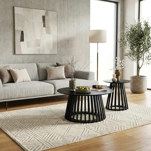 Image of HNY Modern Round Fluted End Table, Black Wood Pedestal Side Table, Drum Accent Bedside Drink Tables for Living Room Small Space Couch