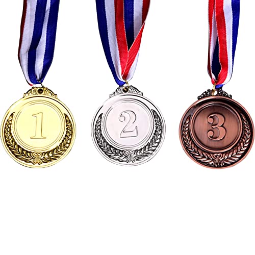 12 medallas de metal oro plata bronce premio, medalla ganadora con cinta de cuello - Medallas de estilo olímpico ganador oro plata bronce para competición, juegos, fiestas (oro, plata, bronce)