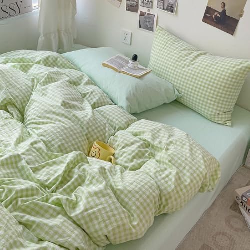 Image of LifeTB Queen Comforter Set Green Gingham Bedding Comforter Set 3 Pieces Brown Grid Bed Comforter with 2 Pillowcases Vintage Checkered Plaid Comforter Fluffy Soft Farmhouse Grid Bedding Set