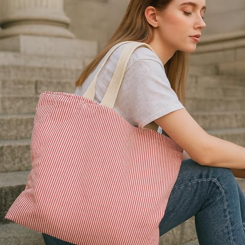 Bolso tote suave para mujer CHUNFO con estampado urbano de rayas en tres colores y cierre magnético, ideal para trabajo, viaje, playa y uso diario miniatura 6