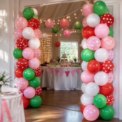 Image of TONIFUL 100 Pack Red Pink Green Polka Dot Latex Balloons - Strawberry Garden Theme Balloon for Birthday Spring Baby Shower Wedding Bachelorette Sweet 16 Party Decorations