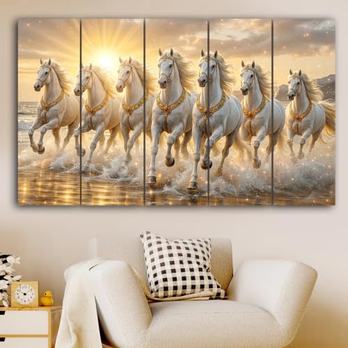 Image of Spacter White 7 Horses Wall Painting for Living Room Big Size - 7 Running Horses Painting Vastu for Bedroom, Office, Hotel - Wall Decor Digital Painting Wooden Framed for Gifting (30x60inch)