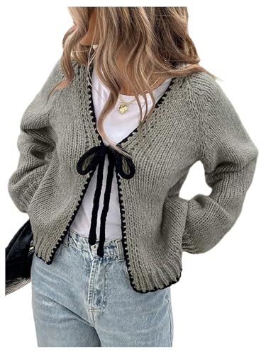 GORGLITTER Women's Tie Front Cardigan Bow Y2K Long Sleeve V Neck Chunky Knit Sweater