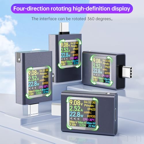 Image of diymore USB C Power Meter,Digital Multimeter,USB C Tester Power Meter,Type C Voltage and Current Tester Meter,Working Time Ammeter Voltmeter USB Cable Charger Detector Color LED Display