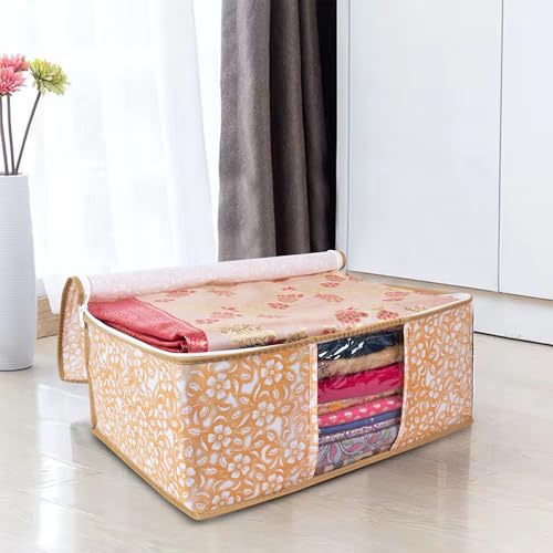 Image of Non-Woven Printed Saree Covers - Cloth Storage /Wardrobe with Transparent Window, Zipper Closure (YELLOW PACK OF 10)