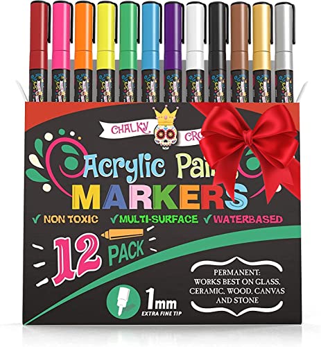 Acrylic Paint Markers 1mm, Acrylic Paint Pens for Rock Painting, Stone, Ceramic, Glass, Wood - Fine Tip Paint Pens and Acrylic Markers, Acrylic Paint Pen, Paint Marker, Rock Paint by Chalky Crown (12 Pack)