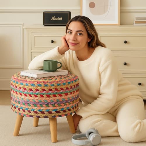 Image of Wooden Ottoman Stools Jute Pouffes for Sitting, Footrest with 4 Wooden Legs Ideal for Living Room, Office, Dressing Table Stylish & Comfortable Furniture for Home Decor,Multiolor (2 Pack)