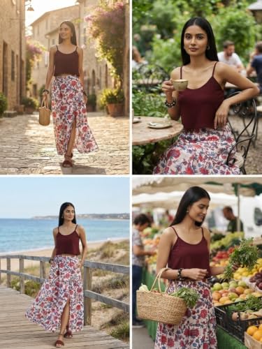 Image of GRECIILOOKS Women's Casual Summer Beach Skirts | Maxi Skirt for Women High Waist | Boho Ethnic Flared Skirts | Indian Long Skirt Rayon Printed | Elastic Waist Long Skirt's for Women
