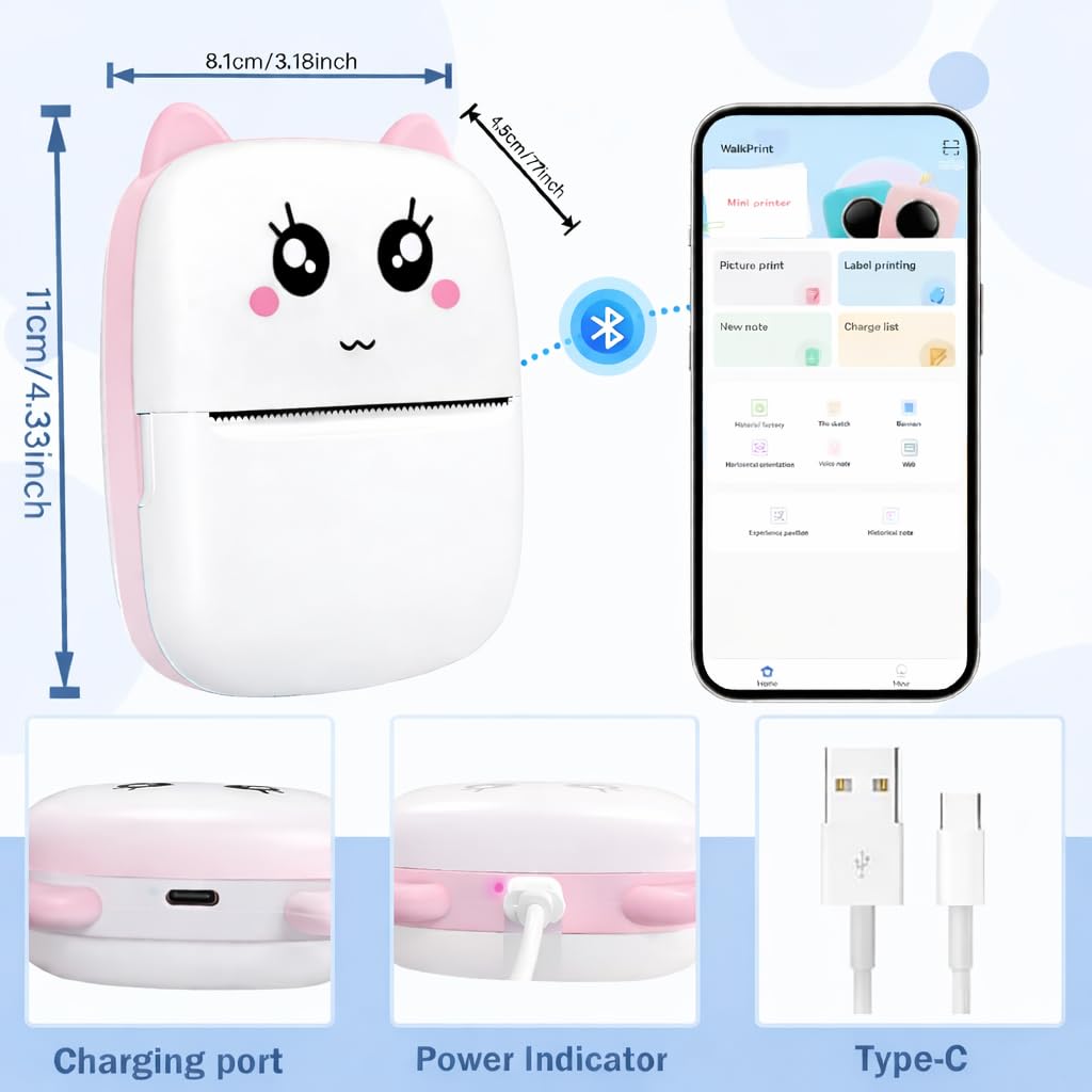 Brand Conquer Mini Bluetooth Thermal Printer for Kids | Cute Kitty Design | Portable & Rechargeable | Ink-Free Printing | Safe & Durable | Ideal for Students, Notes, Stickers & Fun Learning (Pink) 3