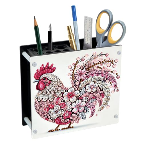 Image of Pink Rooster Diamond Art Pen Holder, Diamond Painting Pencil Organizer, DIY 5D Acrylic Crystal Rhinestones Art Desk Organizer Pencil Cup for Home, Office, and Craft Storage