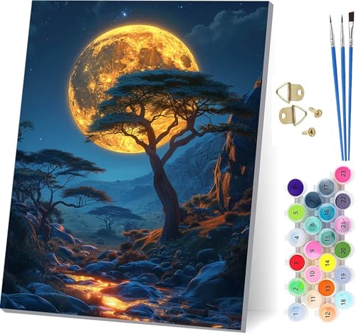 月 数字油絵 DIY Paint by Numbers for Adults 木 手作りキット子供初心者 塗り絵 数字 キット ブラシとアクリル絵の具が入 ペイントバイナンバー 大人のクラフトアクティビテ ホーム オフィス装飾 女性へのギフト 40x50c