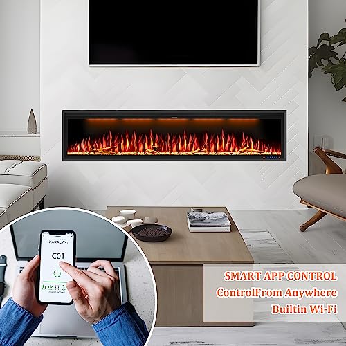 Benrocks 74'' Smart Electric Fireplace Inserts, Recessed & Wall Mounted Fireplace, 13 * 13 * 3 Color Combinations, App Control Fireplace Heater, Timer, Logs & Crystals 750/1500W Black #TOP5