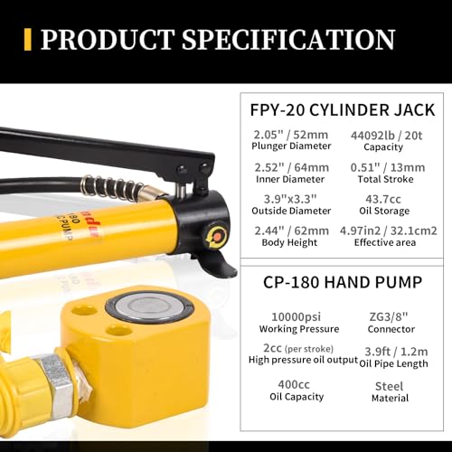 Image of 20T Porta Power Kit Low Profile Hydraulic Ram Cylinder Jack FPY-20 0.51 inch Stroke Single-Acting + 400cc Hydraulic Hand Pump CP-180 for Machinery and Industry