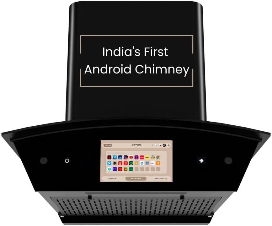 Beyond Appliances Asteria 60cm Auto Clean Kitchen Chimney | 1408 CMH Suction | Filterless | Curved Glass | Smart Screen & Speakers | Touch Control | Black Finish