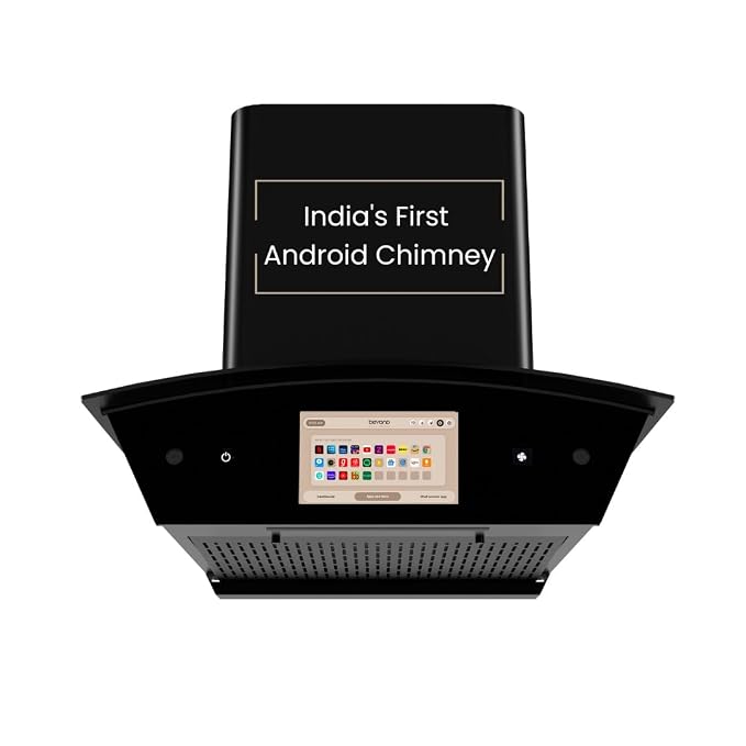 Beyond Appliances Asteria 60cm Auto Clean Kitchen Chimney | 1408 CMH Suction | Filterless | Curved Glass | Smart Screen & Speakers | Touch Control | Black Finish