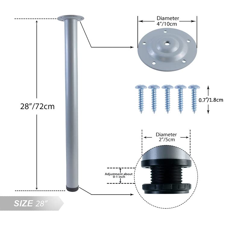Image of QLLY 28 inch Adjustable Metal Desk Legs, Heavy Duty Furniture Table Legs with 1 inch Leveling Adjustment for DIY Office Desk, Workbench, Dining Table, Set of 4 (Grey)