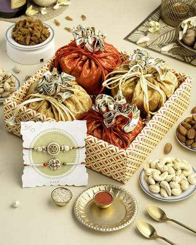 Image of Hyperfoods Rakhi Gift Hamper for Brother Rawfruit's Handcrafted Potli Pack of 4 Almond Cashew Raisins Pistachios 495 Grams with Thali Roli & Rice Dry Fruits Gift Pack Rakhi for Brother with Dry Fruit