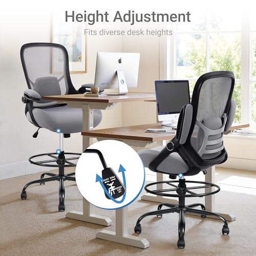 Image of HYLONE 400lbs Heavy Duty Drafting Chair 5 inch Thickened Seat Office Chair with Flip-Up Armrests Tall Ergonomic Computer Chair with Lumbar Support and Adjustable Footrest Ring Standing Desk Chair(Grey)