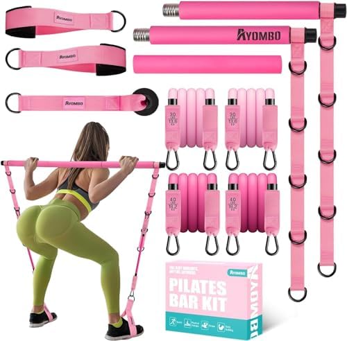 Pilates Bar Kit with Resistance Bands, Pilates Workout Equipment for Legs, Hip, Waist, Arm, Squats Exercise Equipment for Home Workouts, Adjustable 3-Section Pilates Bar Kit for Women & Men