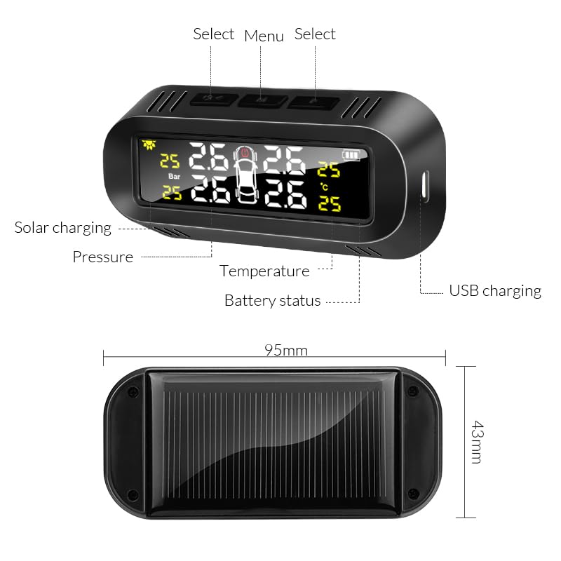 Tpms Sensore di pressione dei pneumatici solare for auto a 4 ruote Sistemi for auto intelligenti Sistema di monitoraggio Allarme di sicurezza Display della pressione dei pneumatici Pressione Pneumatic