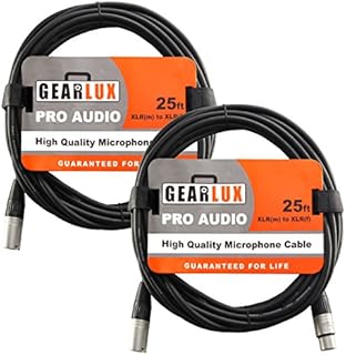 Gearlux XLR Microphone Cable, Fully Balanced, Male to Female, Black, 25 Feet - 2 Pack