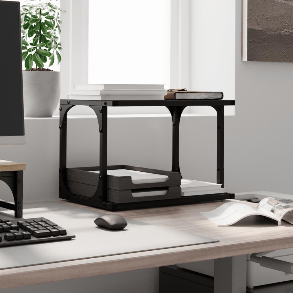 Druckerständer mit 2 Ablagen Schwarz Holzwerkstoff und Stahl 41x28x33,5 cm mit Rollen 2 Bremsen flexibel als Druckertisch, Büroorganisation, Regal und Ablage für Homeoffice