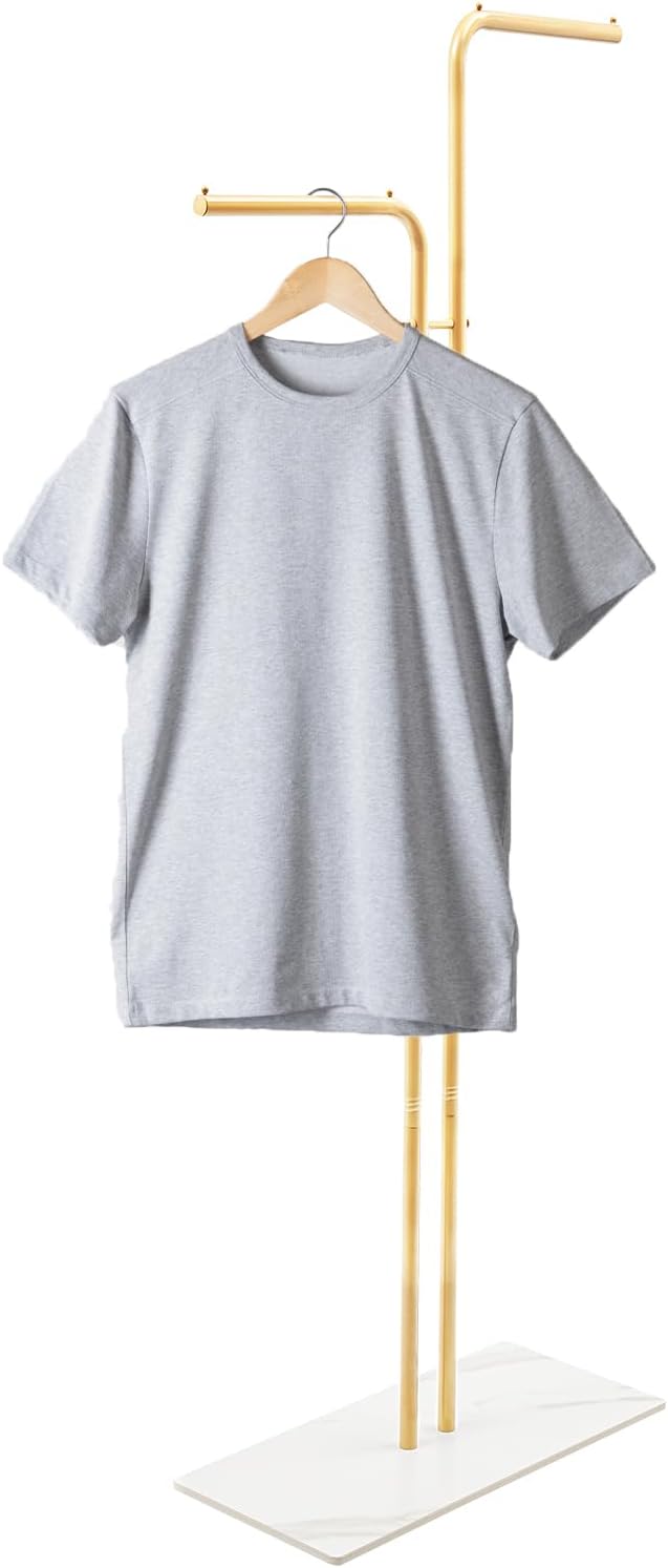 Freestanding Coat Rack with Double L-Shaped Gold Rods and White Slate Base for Clothes Hats Bags Storage Organizer for Home Office Use