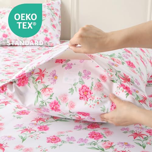 Image of MUXHOMO King Size 4 Piece Sheet Set, Soft & Breathable Sheet for Bedroom with Deep Pocket Up to 16 inch, Wrinkle-Free & Cooling Bed Sheets with Flat Sheet, Fitted Sheet & Pillowcases - Vibrant Blooming