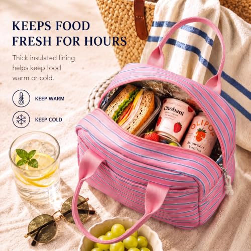 Image of LOVELYWIND Lunch Box for Women, Insulated Lunch Bag, Pink Striped Tote