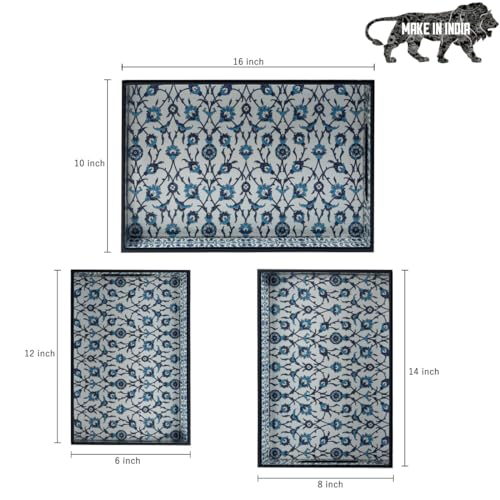 Image of DULI Set of 3 Wooden Serving Trays Premium MDF with Lacquered Water-Resistant Enamel Floral Print Decorative Multipurpose Trays for Kitchen, Dining & Gifting (16x10x2,14x8x2, 12x6x2 Inches)