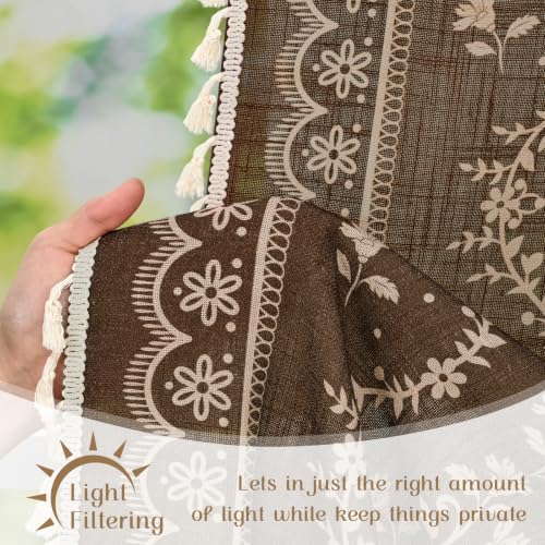 Image of Yinhua Boho Swag Valance Curtains Vintage Linen Valances for Windows Light Filtering Floral Kitchen Valance Rod Pocket Rustic Tassel Window Valances for Bathroom Cafe, 60 inch W x 36 inch L, Brown