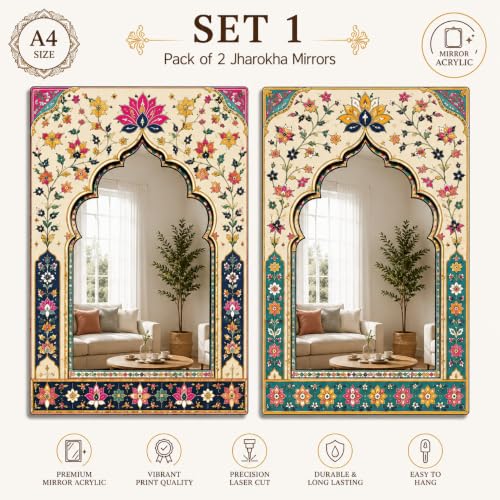 Image of American Elm Pack of 2 Jharokha Mirror Wall Decor for Home Decor Living Room and Entryway Mughal Floral Arch Acrylic Mirror Wall Hanging Ready to Hang
