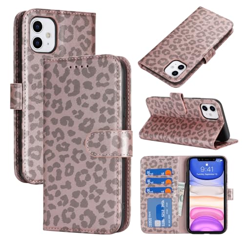 Image of for iPhone 12 Case Wallet with Card Holder,for iPhone 12 Pro Wallet Case for Women Men,PU Leather Shockproof Magnetic Buckle Stand Flip Phone Case-Rose Gold Leopard