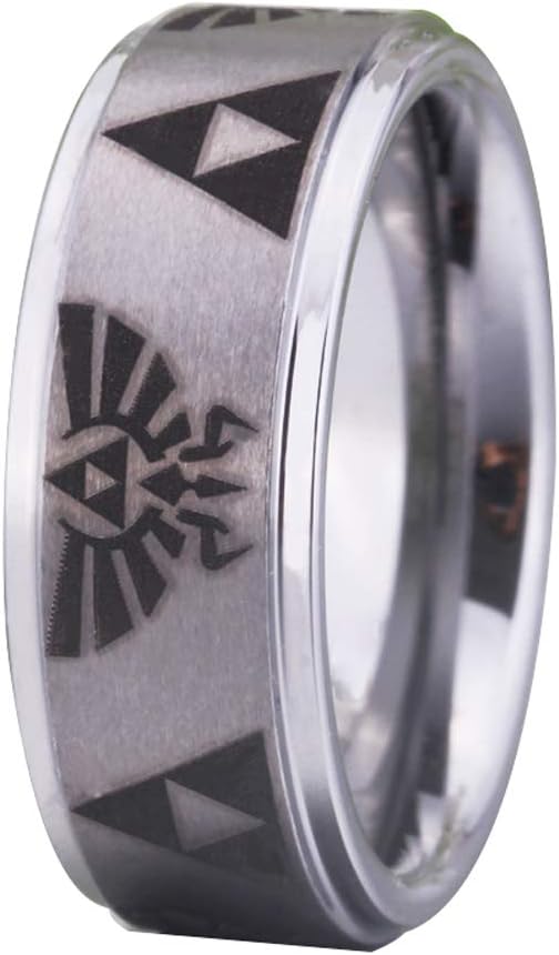 Crest and Triforce Ring Game-Themed Laser Pattern Ring 8mm Width Silver Step Tungsten Carbide Wedding Ring Engagement Ring-FREE Custom Engraving