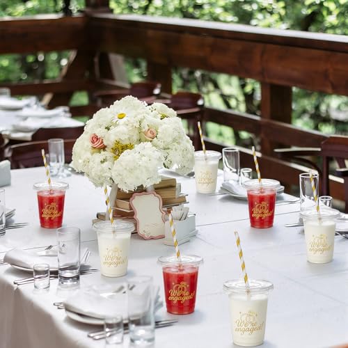 Yungyan 50 Pcs 12 oz We Are Engaged Party Cups with Lid and Straw Golden Bride Engagement Reusable Plastic Clear Cups for Bachelorette Party Drinking Glasses Wedding Bridal Shower Decoration by Yungyan - Used condition - Image 6