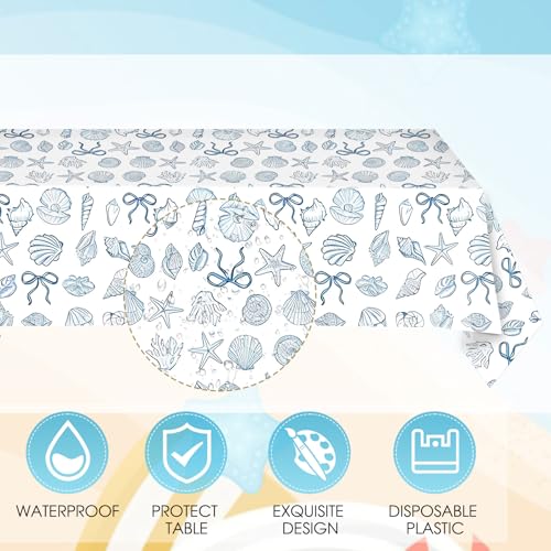 Image of 40PCS Seashell Birthday Party Decorations Blue Bow Beach Style Tableware Kit Include Starfish Coral Disposable Paper Plates and Napkins,Tablecloth Set for The Summer I Turned Pretty Party Decor