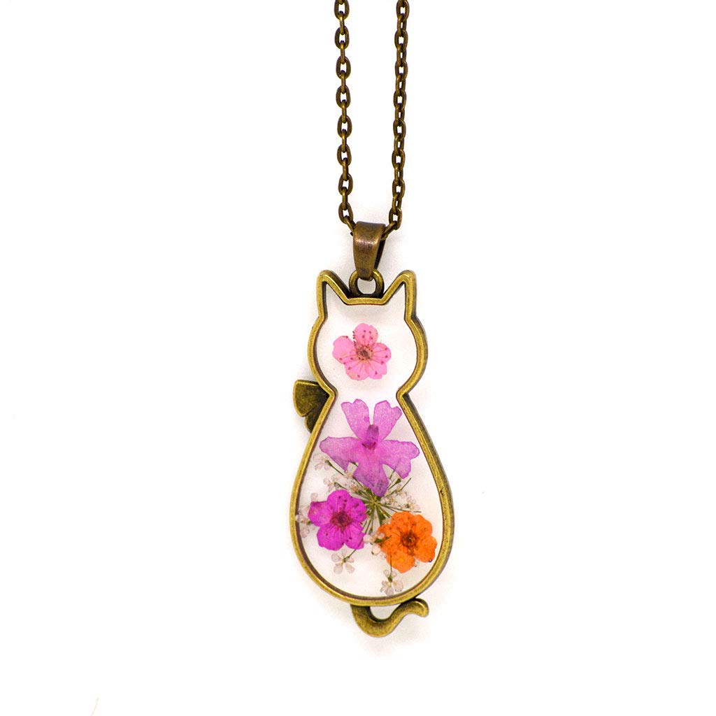 Mybageecha Natural Dried Flower Cat Tabby Floret Necklace Pendant