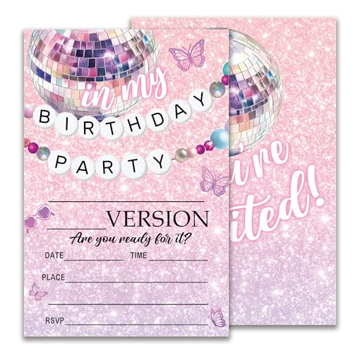 In My Birthday Party Invitations Friendship Bracelet Birthday Invitation Teen Birthday Girl Music Party Invite 20 Disco Butterfly Theme Double-Sided Fill in Style Bday Invite Cards Supplies 4x6 Inch-E05