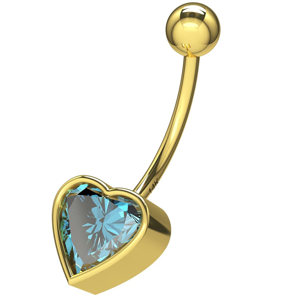 Monster Piercing Piercing de ombligo de oro amarillo macizo de 14 quilates, 6 mm, con forma de corazón de aguamarina de 6 mm