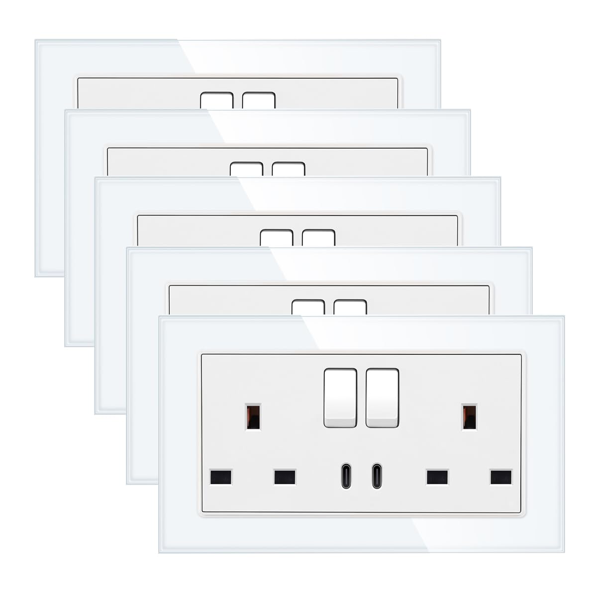 5 Pack CNBINGO Double Switched Power Glass Socket with Two Type-C USB Ports, 20W Fast Charging, 13 Amp Electrical Wall Socket, White Glass Wall Plate