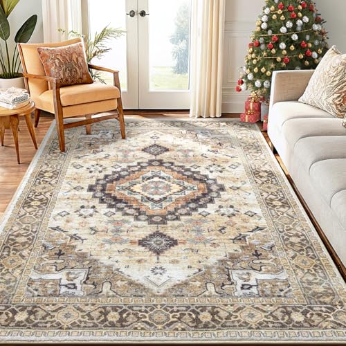 Smiry Area Rugs for Living Room Bedroom, Machine Washable 5×7 Vintage Rugs, Soft Plush Bedside Rug Floor Carpet for Farmhouse Nursery Kitchen Laundry Retro Home Decor, Beige