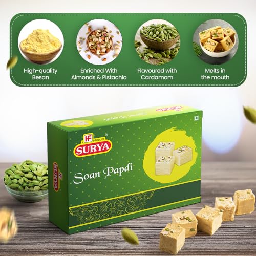 Image of HF, Surya Elaichi Soan Papdi- 200g | Made with Real Cardamom, Fresh Besan | Flaky & Crunchy Mithai, No Preservatives, Ready to Eat Indian Dessert