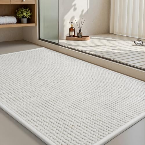 MontVoo Bath Mat Chenille Absorbent Bathroom Mat Quick Dry Rubber Backed Bathroom Rugs Non Slip Washable Bath Mats Ultra Thin Bathroom Rugs Fit Under Door 17x24 White